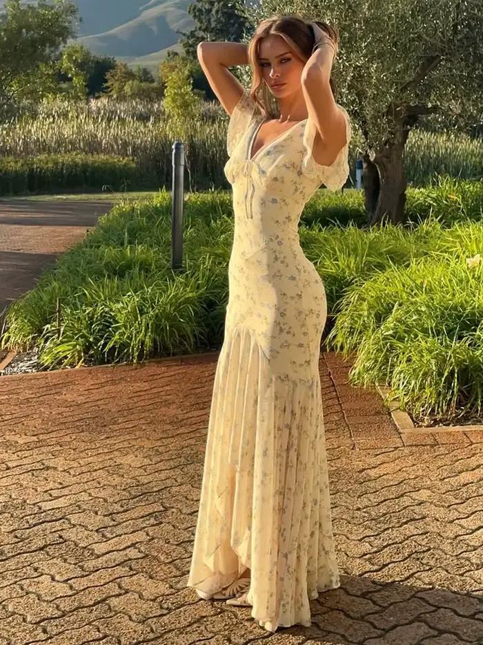 Robe plissée à imprimé floral et manches volantées pour femme, sexy et tendance, col en V, taille cintrée, Vestidos 2026, Robe de soirée pour les fêtes