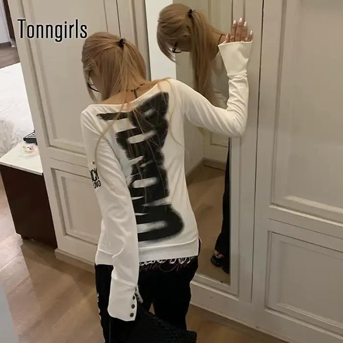 Tonngirls américain rétro imprimé T-shirt femmes à manches longues bouton graphique hauts Y2k