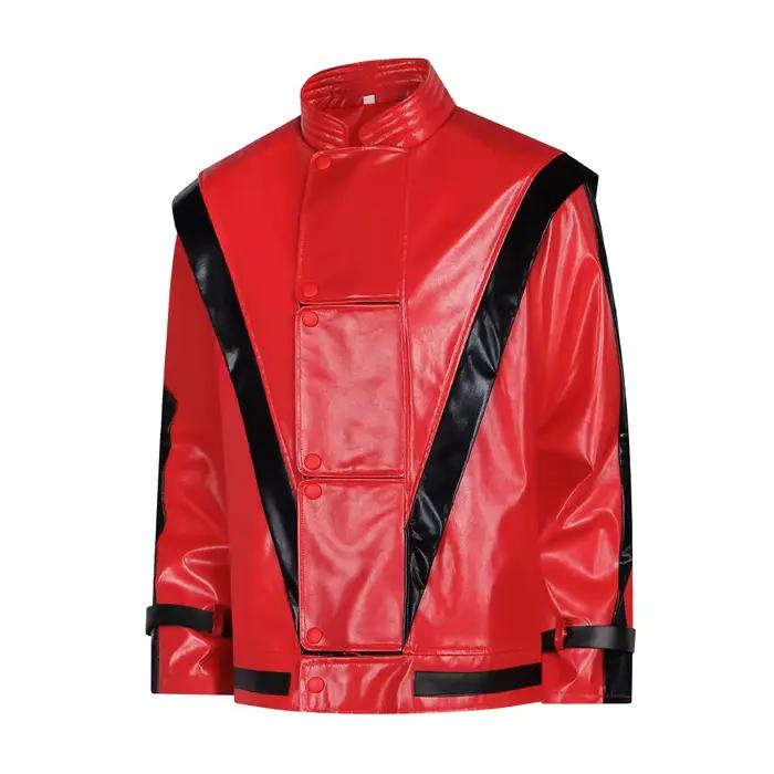 Veste Michael Jackson Thriller en similicuir rouge, costume de cosplay rétro, veste bomber pour performance scénique, veste décontractée pour hommes, veste varsity