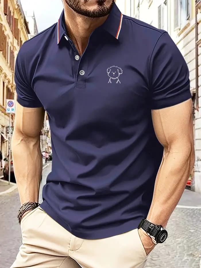 Polo homme mignon chiot croquis imprimé col rayé été décontracté doux respirant à la mode