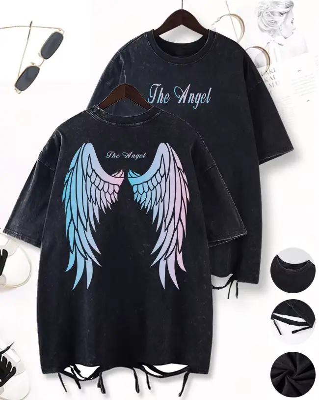 Dégradé ailes conception trous lavés T-Shirt hommes Sport Cool à manches courtes respirant coton haut col en o décontracté unisexe vêtements amples