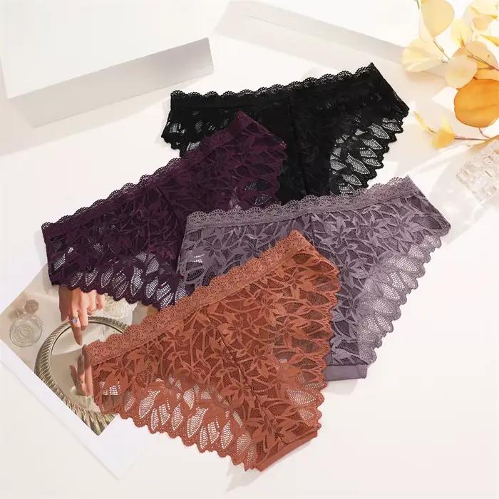 FINETOO 3 pièces dentelle évider sous-vêtements pour femmes Sexy taille basse slips floraux femme Invisible respirant Lingerie doux intime