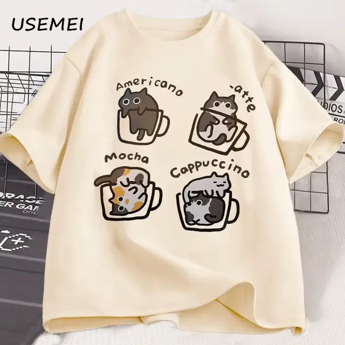 T-shirt drôle mignon café chat homme coton fin imprimeur humoristique quotidien four seasons