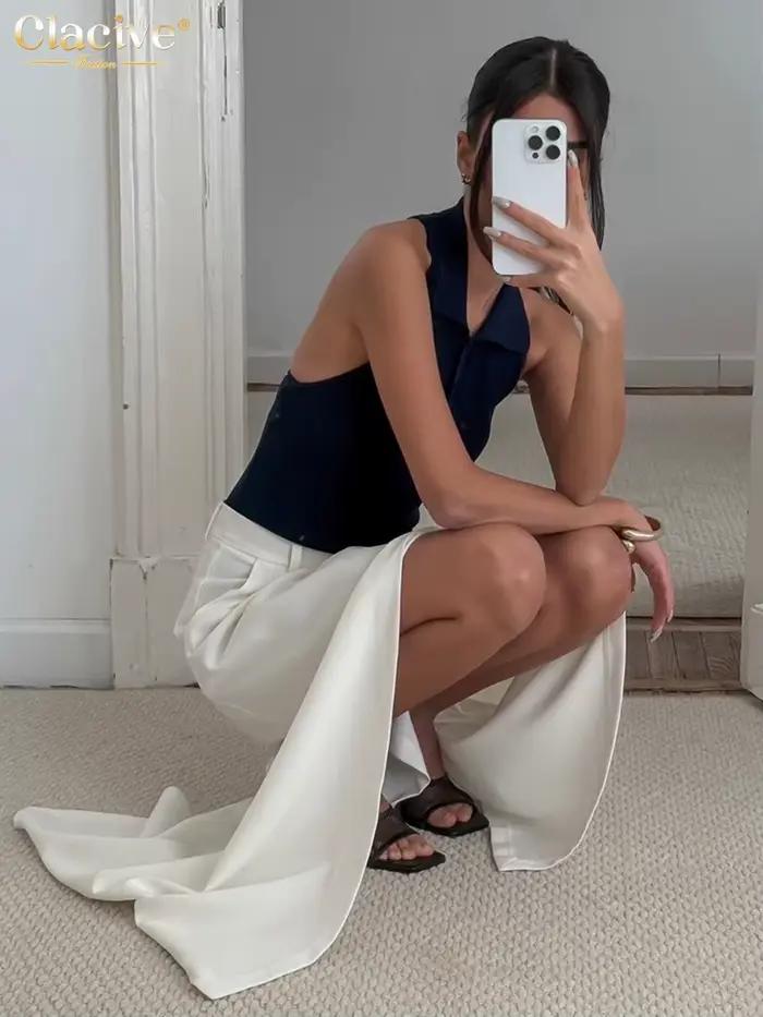 Clacive mode ample blanc femmes jupe décontracté taille haute Maxi