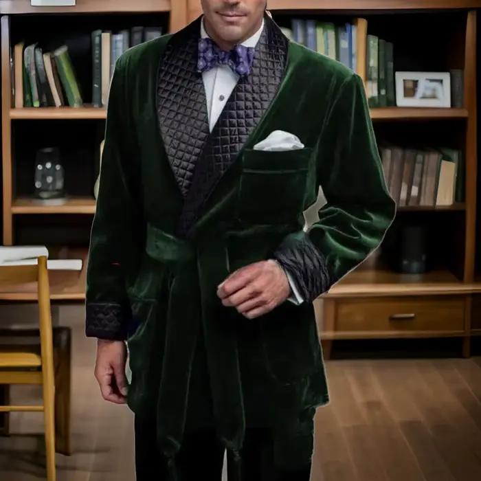 Vestes de costume de fumée en velours vert pour hommes