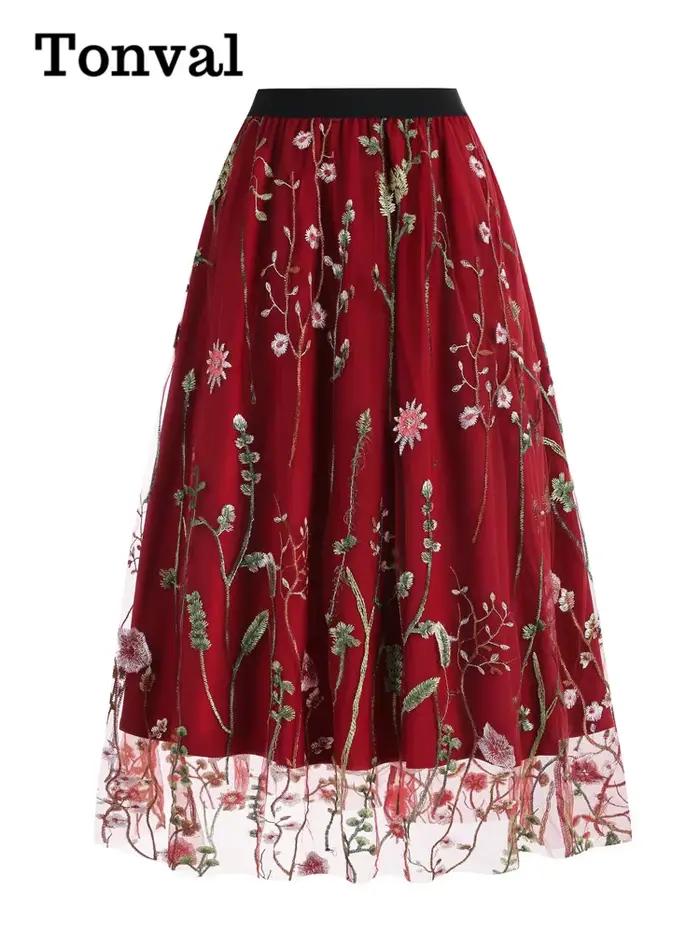 Tonval-Jupe longue doublée en maille brodée florale pour femme