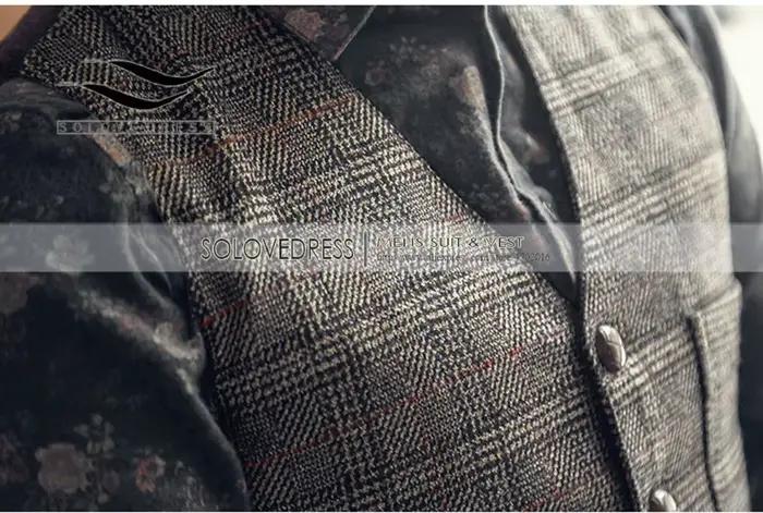 Argent nouveau costume à carreaux gilet pour hommes laine Tweed décontracté mince
