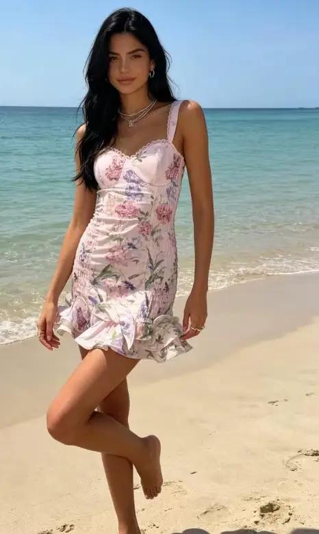 Robe rose imprimée pour femme, bretelles larges et ourlet plissé, taille cintrée, Vestido 2026, Robes de soirée et de vacances pour femme