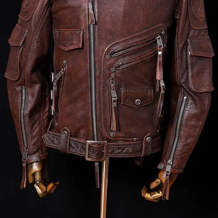 Veste en cuir de moto marron rouge pour hommes