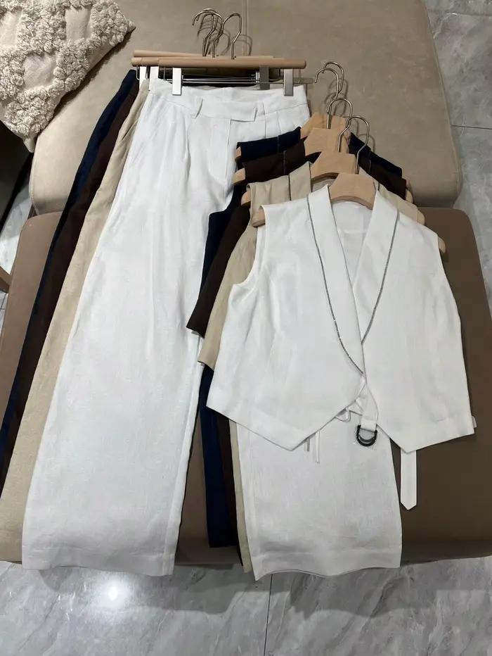 Ensemble élégant et polyvalent : gilet en lin à col en V et pantalon droit