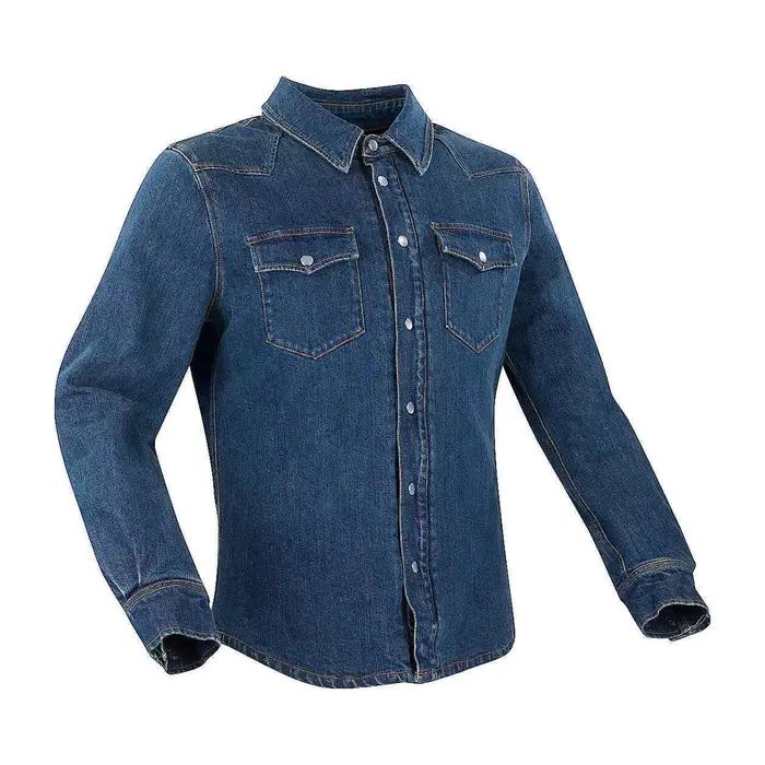 Veste en jean de moto en denim délavé avec poches à manches longues pour hommes bleu noir