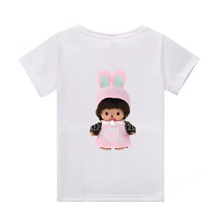 T-shirt en coton imprimé de dessins animés pour enfants, motif Monchhichi mignon, vêtements d'été pour enfants, vêtements à motifs Kawaii, pour filles et garçons, superbes t-shirts décontractés