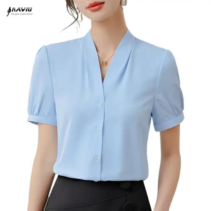NAVIU-Chemisiers en mousseline de soie à manches courtes pour femmes, col en V, blanc, tenue de bureau vintage, travail, affaires, décontracté, été, nouveau, 2024
