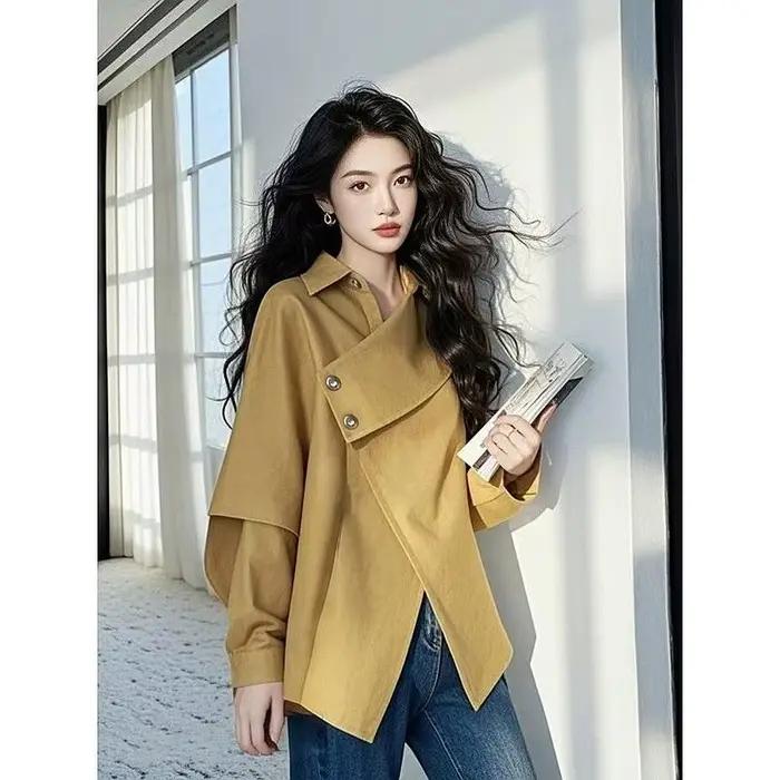 Chemise boutonnée asymétrique coupe ample avec manches tombantes pour tenue décontractée de bureau au printemps et en automne