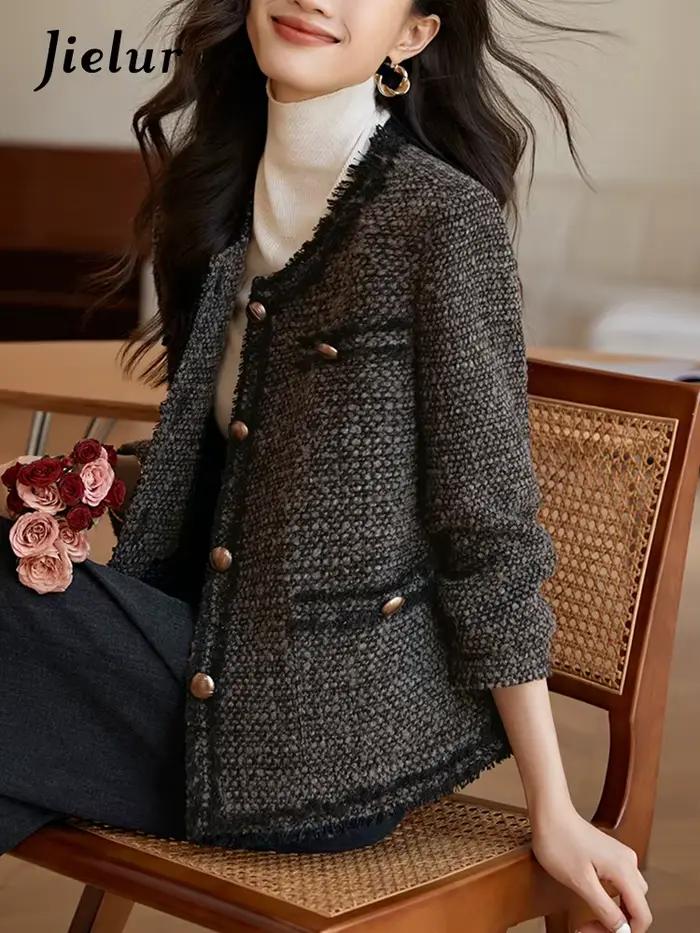 Jielur-Veste à Col Rond pour Femme, Vêtement Décontracté, Élégant, Chic, à la Mode, Slim, de Rue, Nouvelle Collection Automne