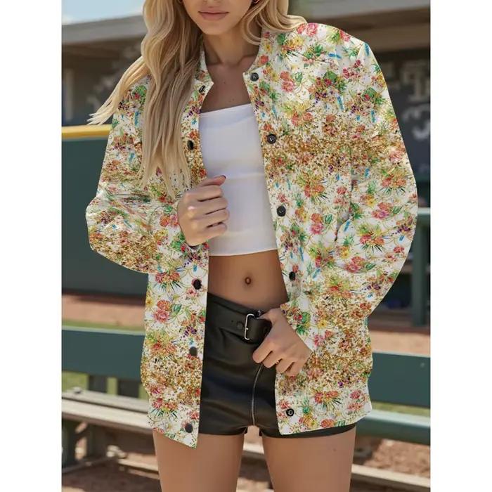 Veste de Baseball blanche pour femmes, avec motif artistique Floral multicolore, manches longues, poches, manteau décontracté, Streetwear, grande taille