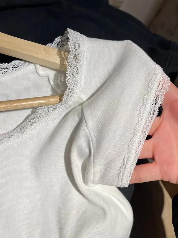 Haut court en patchwork de dentelle pour femme, manches courtes, col rond, t-shirts simples, t-shirt chic vintage américain, blanc, été