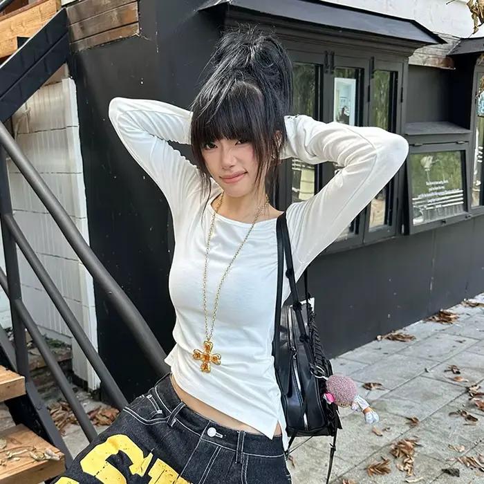 Tonngirls américain rétro imprimé T-shirt femmes à manches longues bouton graphique hauts Y2k