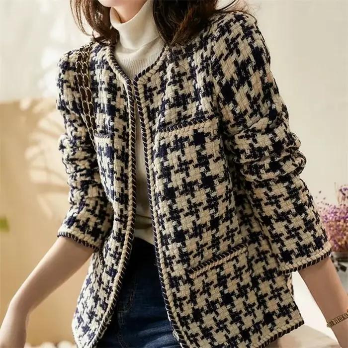 Veste pied-de-poule pour femmes, haut court français, ample, Tweed, Style occidental, petit parfum, manteau pour femmes, automne
