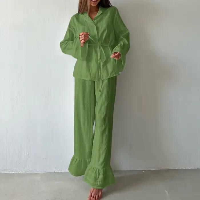 Coton femmes deux pièces ensemble élégant Chic à manches longues chemise à volants pantalon tenues amples vêtements de