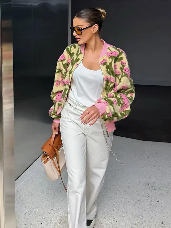 Manteau Bomber Femme Chic à Col Montant et Manches Lanterne en Jacquard – Nouvelle Collection Printemps