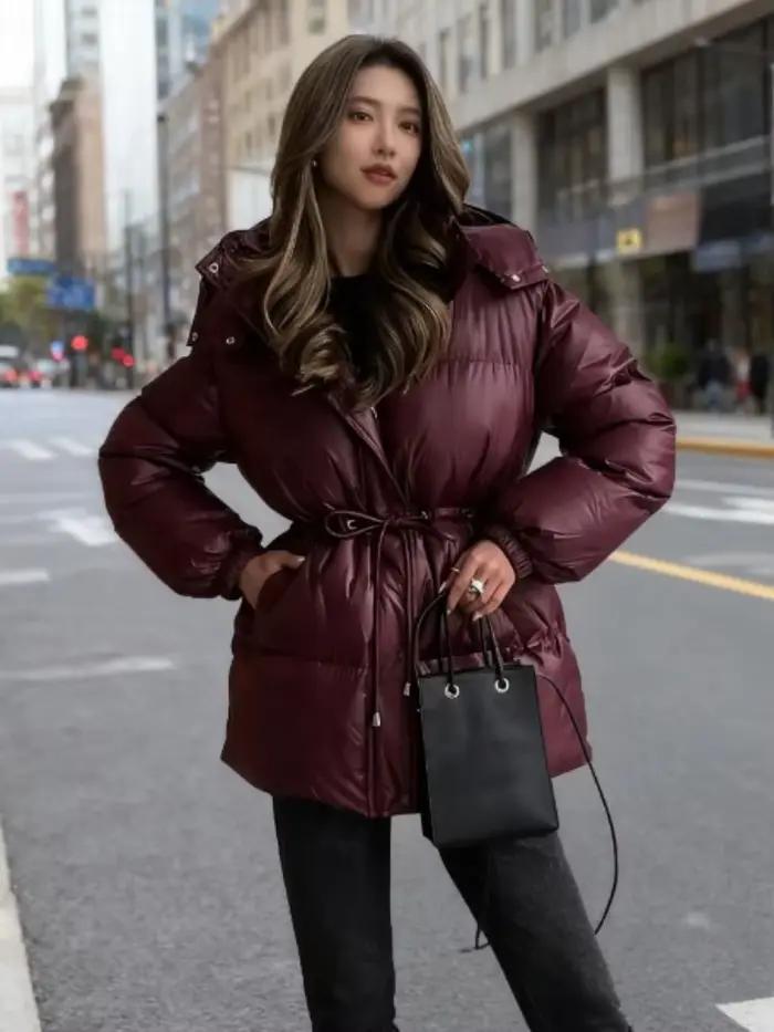 Veste mi-longue à capuche marron pour femme, manteau en coton, couleur unie, manches longues, cordon de serrage à la taille, vêtements d'extérieur chauds d'hiver