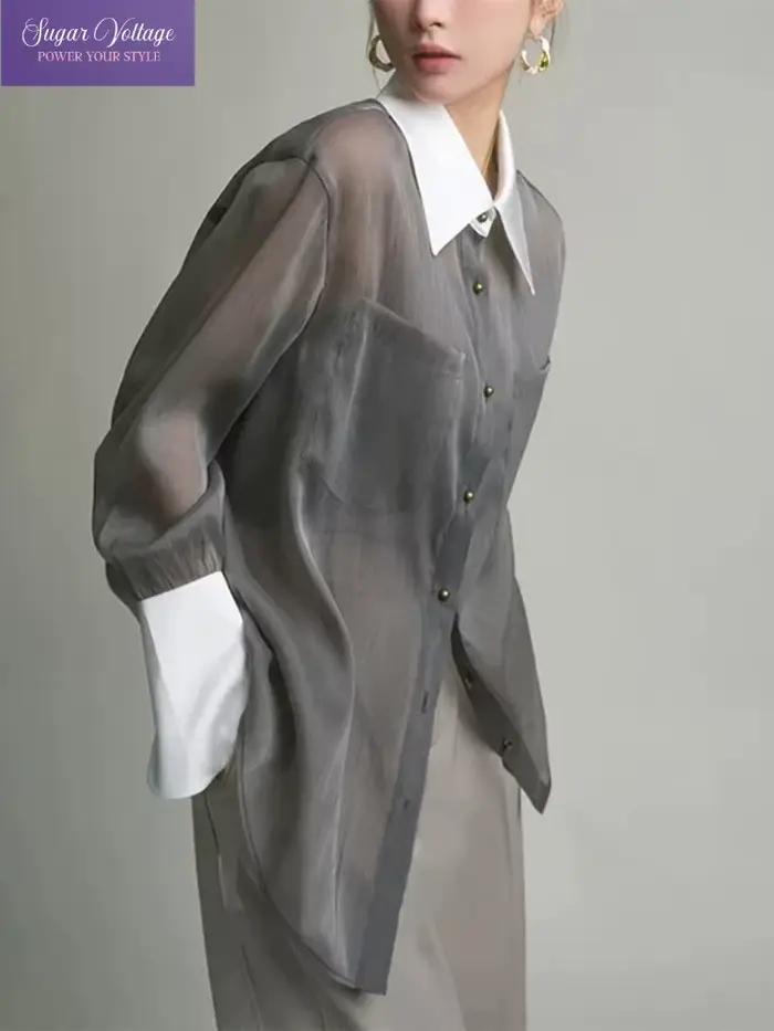Chemise de luxe française Vintage en mousseline de soie transparente pour femmes