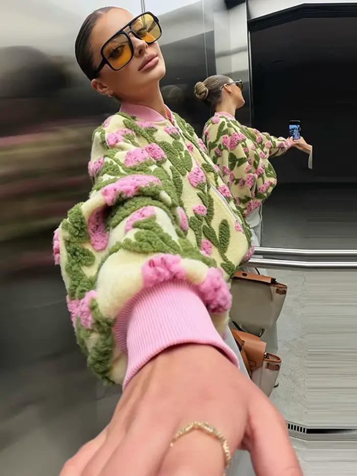 Nouvelle Veste Bomber Femme Tendance à Fleurs 3D