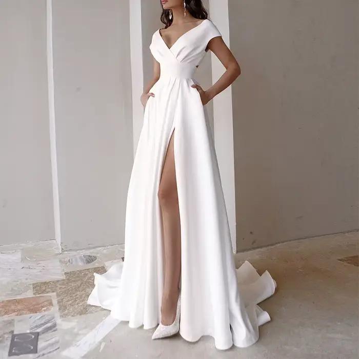 Robe longue fendue à col en fibre V pour femme