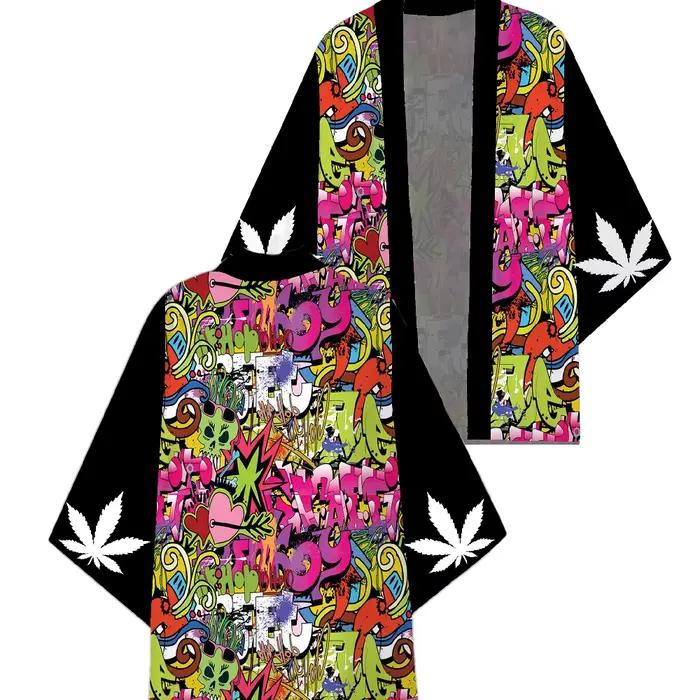 Hip Hop motif couleurs hommes femmes japonais Kimono Harajuku Haori lâche loisirs manteau été plage vêtements