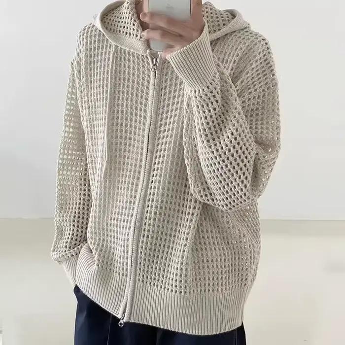 Cardigan tricoté unisexe tendance à capuche ajouré pour homme