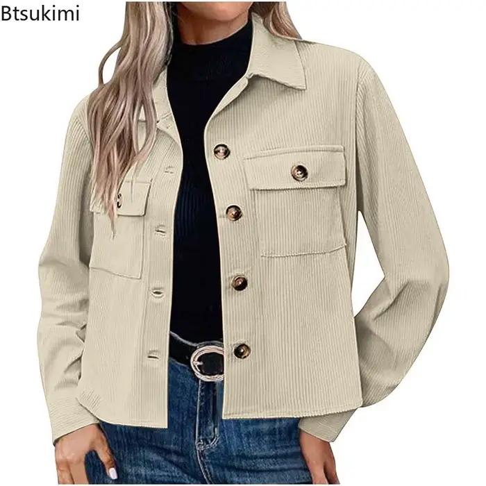 Automne hiver femmes vestes manteaux col rabattu manches longues décontracté simple boutonnage veste épissure bouton poche recadrée manteau