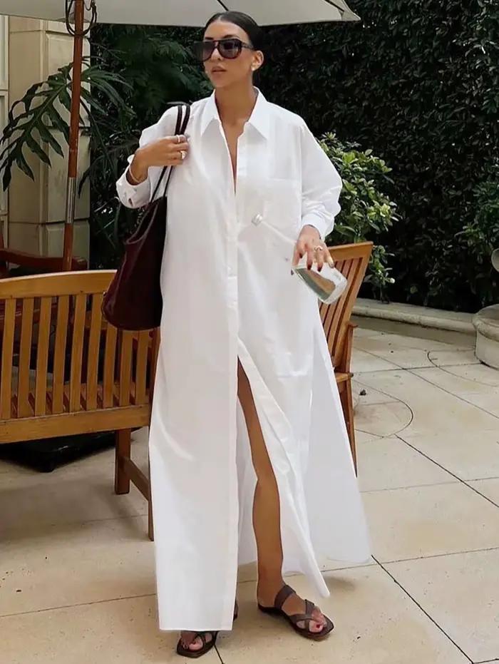 Robe chemise maxi en popeline de coton décontractée à manches longues