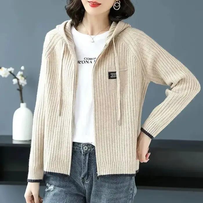 Pull tricoté femme avec fermeture éclair tenue de bureau haut manches longues pour travailler nouveau en tricots vestes élégantes Cardigan à capuche pour les femmes