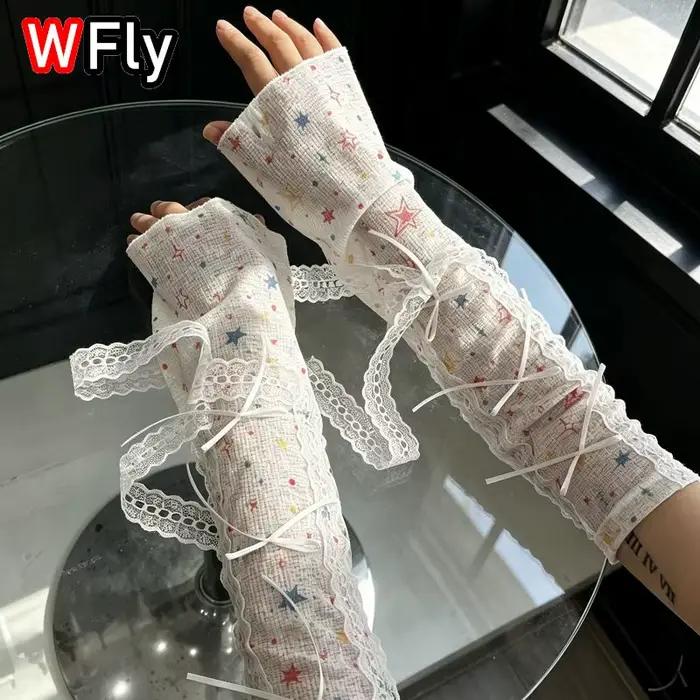 Manchons de bras imprimés étoiles style Lolita Harajuku en dentelle, protection solaire UV d'été, manchons écharpe amples Y2K pour femme