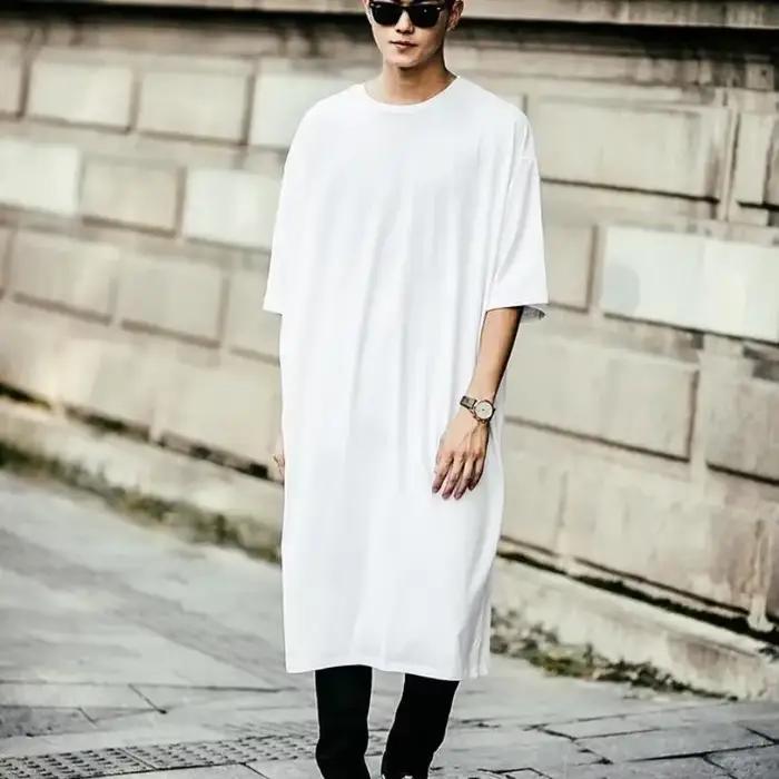T-shirt Punk Hip Hop Long pour Homme et Femme, en Coton, Décontracté, avec Fente Latérale, Été 2025