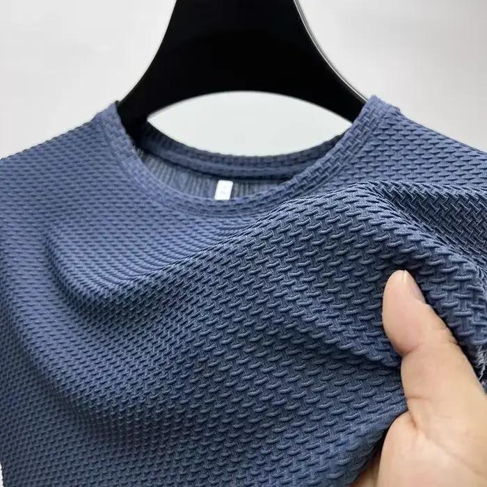 Été glace soie haut de gamme couleur unie haute qualité à manches courtes t-shirts hommes respirant mode T-Shirt mâle marque vêtements 4XL