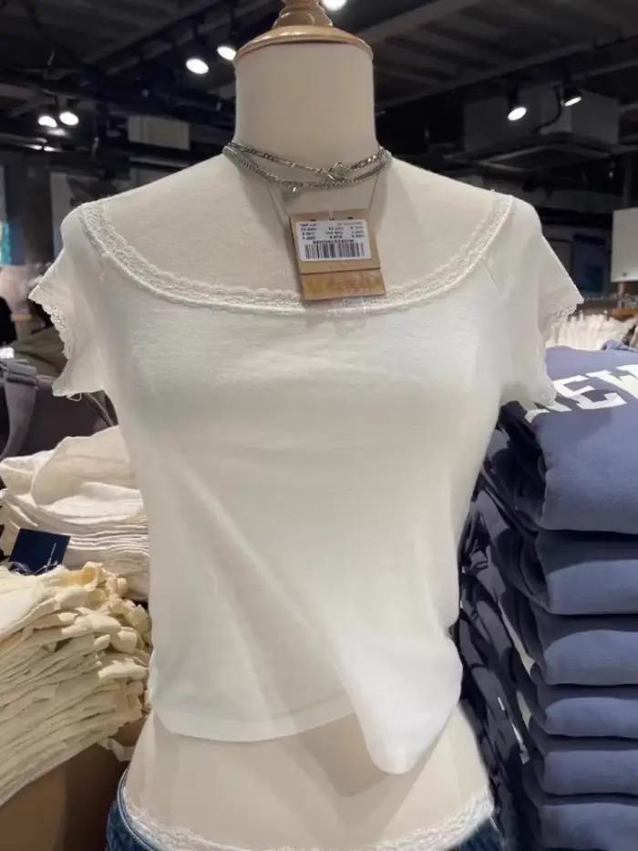 Haut court en patchwork de dentelle pour femme, manches courtes, col rond, t-shirts simples, t-shirt chic vintage américain, blanc, été