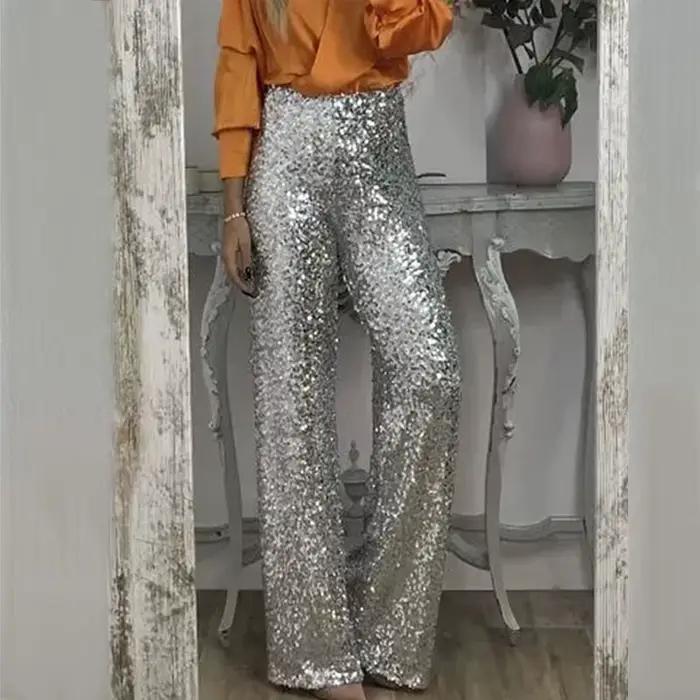 BKLD fête paillettes pantalon décontracté coupe ajustée élastique solide