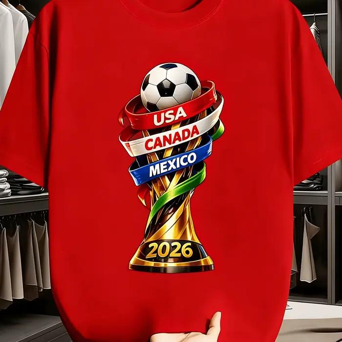 T-shirt imprimé Coupe USA Canada 2026 pour hommes style américain col rond respirant léger sans plis pour fans de football occasions spéciales