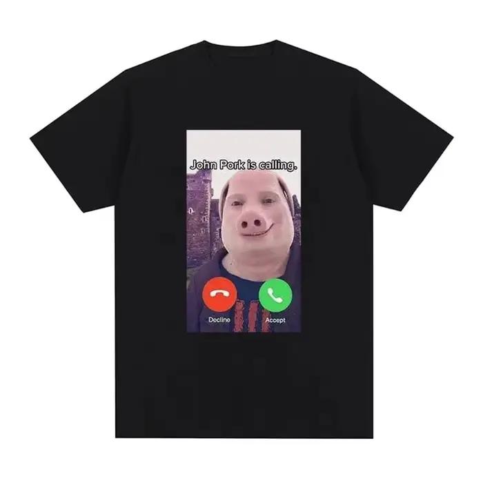 T-shirt « John Pork appelle » avec réponse humoristique, mode vintage délavée unisexe, confortable, extensible, polyvalent, streetwear