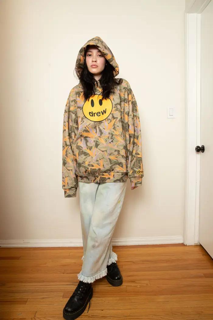 Sweat à Capuche Drew House Imprimé Camouflage Homme Coupe Ample En Coton Épais Style Streetwear Décontracté Occasions Quotidiennes Automne Hiver