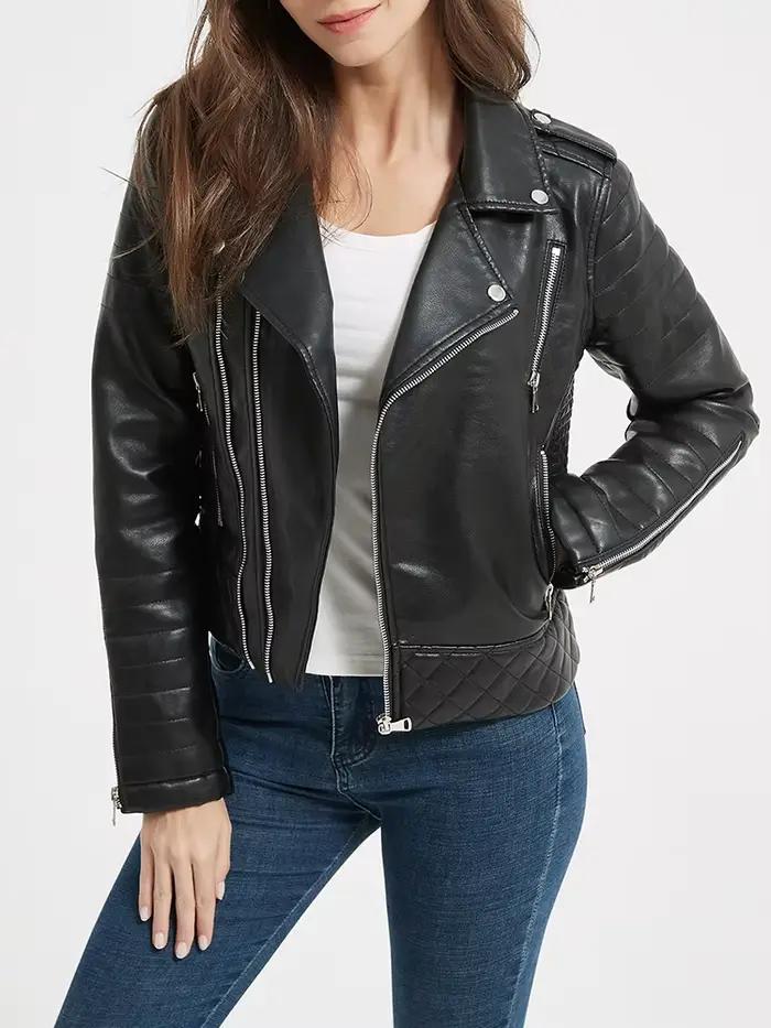 Ailegogo nouveau printemps automne femmes moto vélo Court Noir pu faux cuir veste streetwear