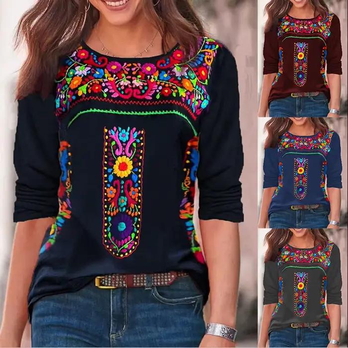 T-shirt à manches longues col en V imprimé bohème pour femme