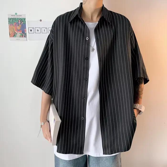 Chemise à manches mi-longues à rayures verticales vintage japonaises pour hommes