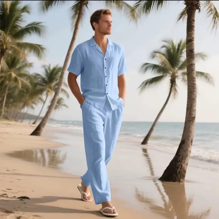 L'ensemble chemise à manches courtes en lin pour hommes Summer Beach de 2025 est un ensemble pantalon long deux pièces adapté aux vacances à la plage décontractées au quotidien