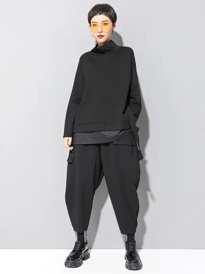 [EAM] coupe ample asymétrique grande taille sweat nouveau col haut à manches longues femmes