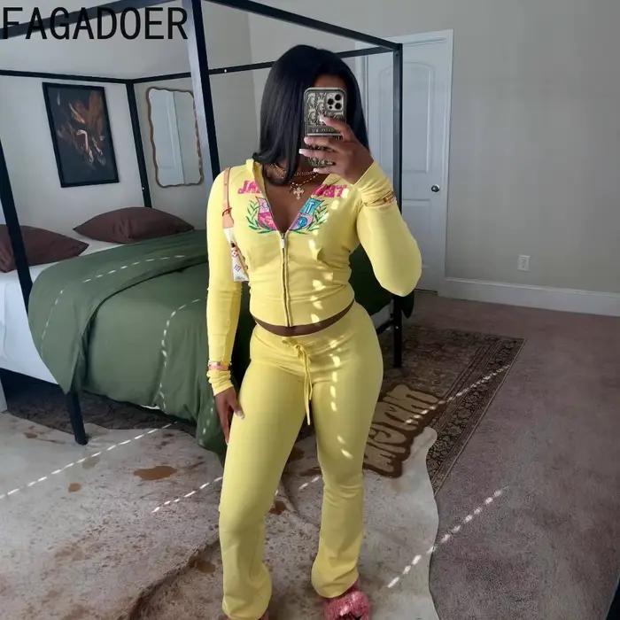 FAGADOER mode lettre impression 2 pièces ensembles femme tenue Zip culture haut à capuche + tube + pantalon costumes
