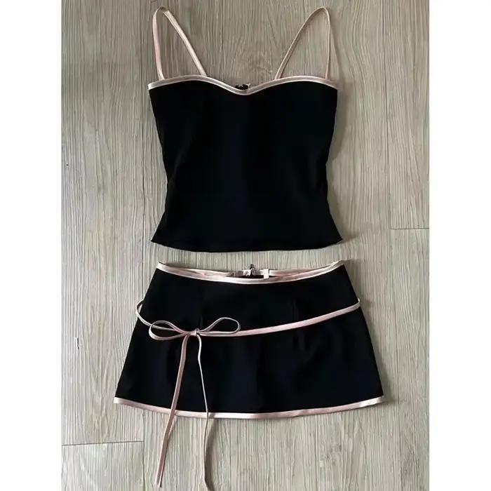 Jupe costume Sexy femmes vêtements 2 pièces ensembles tunique dos nu gilet court pansement nœud moulante Mini jupes tenues Chic ensemble d'été
