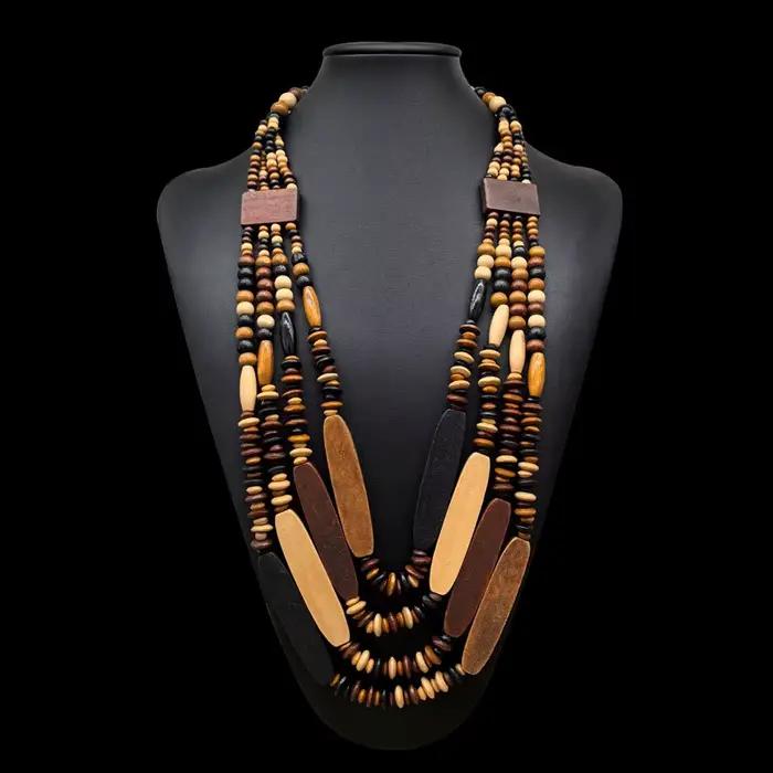 Collier ethnique géométrique en perles de bois avec chaîne de pull multicouche